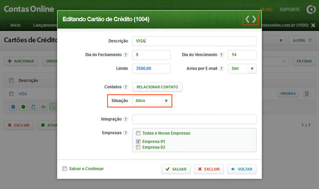 Cadastro de Cartões de Crédito (Edição do Cartão de Crédito)