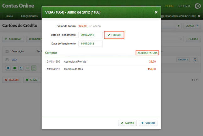 Cadastro de Cartões de Crédito (Fechamento e Alteração de Lançamentos da Fatura)