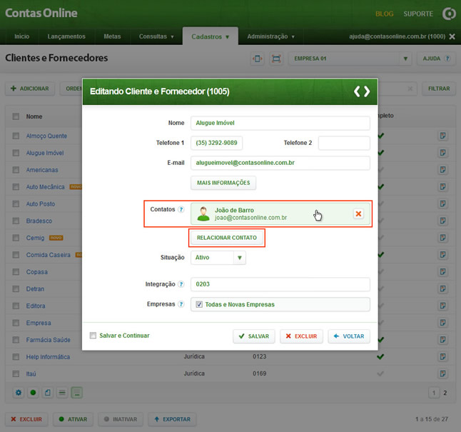 Cadastro de Clientes e Fornecedores (Contatos)