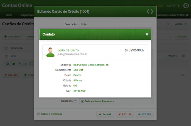 Informações do Contato (Cartão de Crédito)
