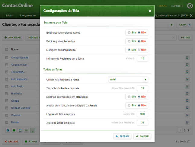 Ferramentas (Opções das Configurações da Listagem)