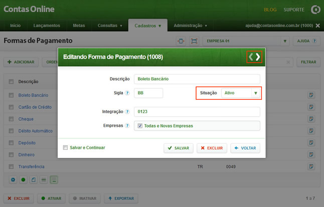 Cadastro de Formas de Pagamento (Edição da Forma de Pagamento)