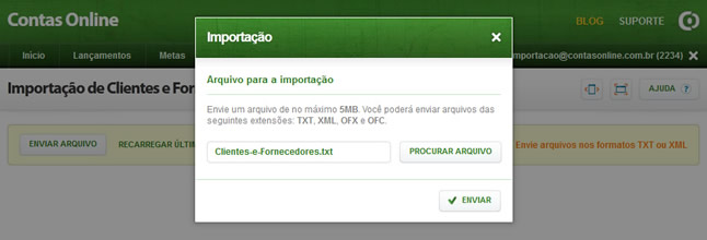 Importação de Cadastros (Enviar Arquivo)