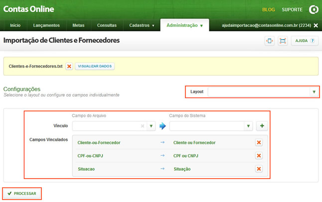 Importação de Cadastros (Configurações)