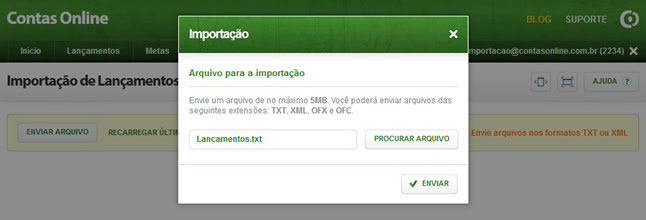 Importação de Lançamentos (Enviar Arquivo)