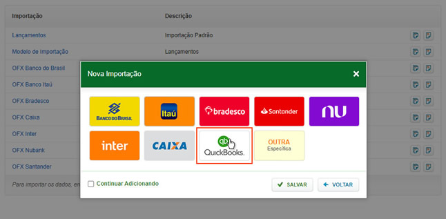 Importar do QuickBooks (Adicionar Layout)