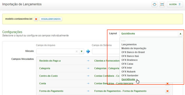 Importar do QuickBooks (Layout)