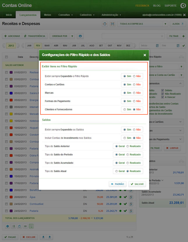 Busca de Lançamentos (Opções de Configuração do Filtro)