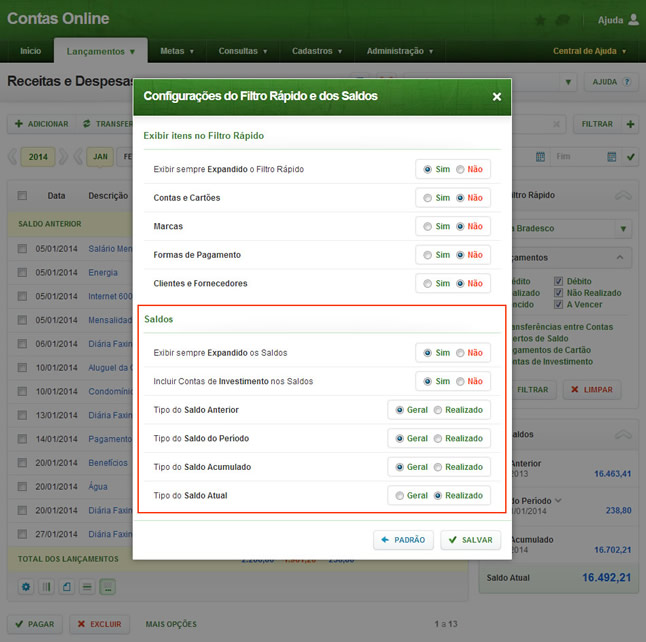 Configurações dos Saldos