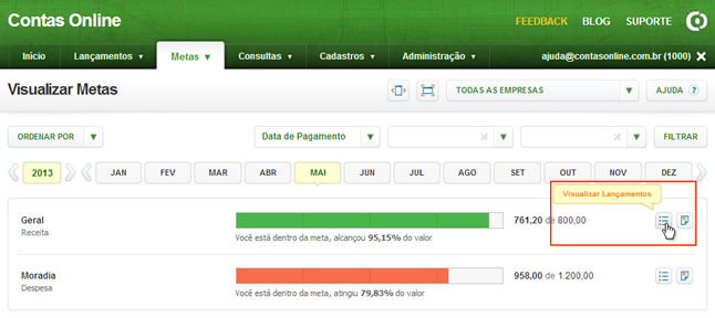 Metas (Visualizar Lançamentos da Meta)