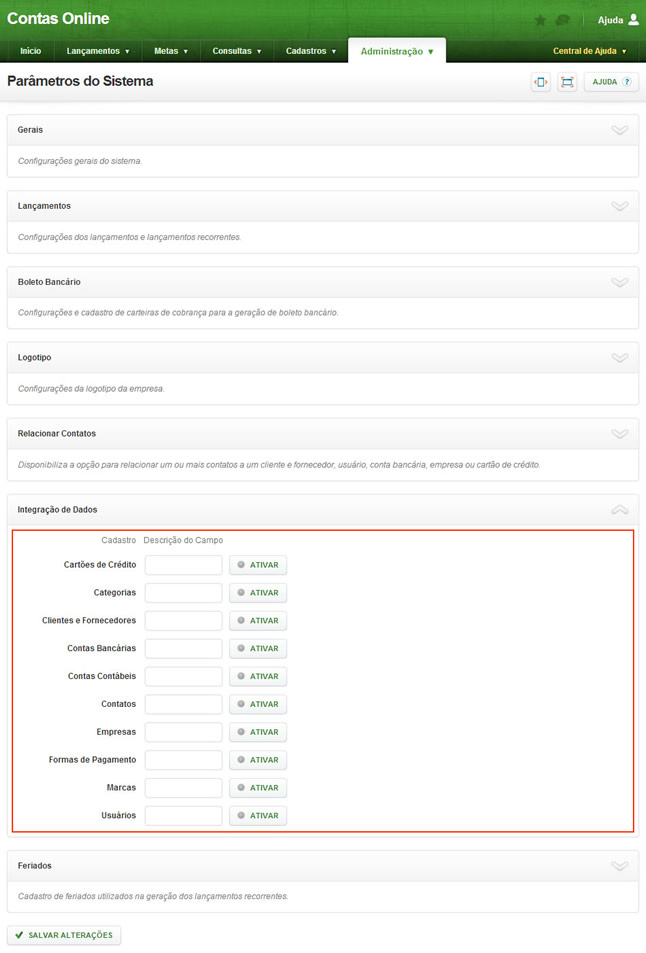 Parâmetros do Sistema (Integração de Dados)