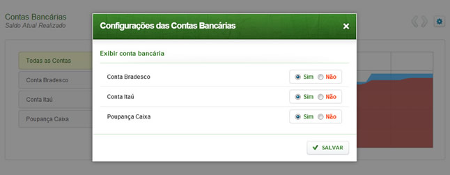 Resumo Financeiro - Configurações do Saldo das Contas Bancárias