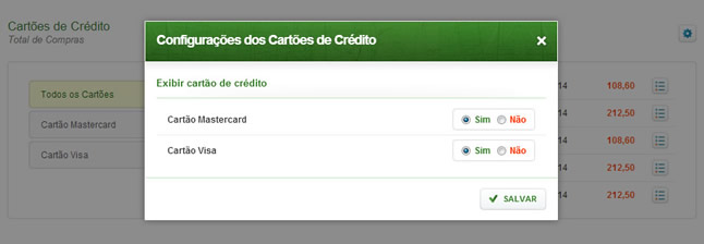 Resumo Financeiro - Configurações dos Cartões de Crédito e Faturas