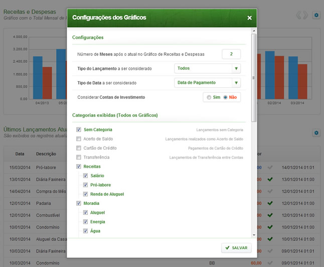 Resumo Financeiro - Configurações dos Gráficos