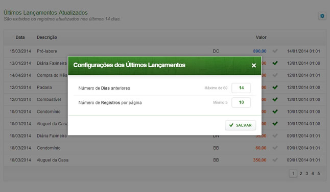 Resumo Financeiro - Configurações dos Últimos Lançamentos