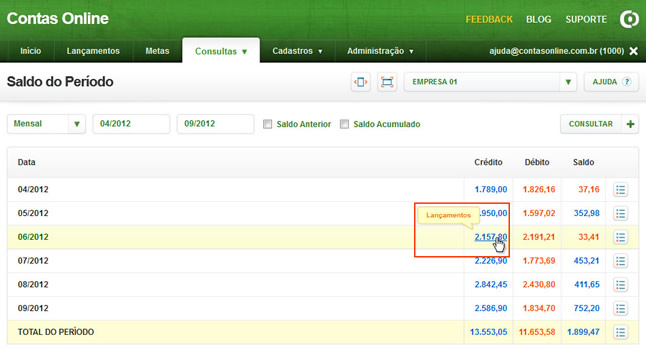 Saldo do Período (Visualizando os Lançamentos)